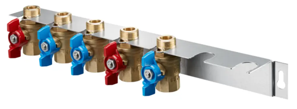 Kugelventile aus Messing in blau und rot, montiert auf einer Metallplatte, zur Verwendung mit Oventrop Produkten wie dem Regudis W-TU.